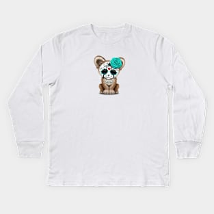 Blue Day of the Dead Sugar Skull Cougar Cub Kids Long Sleeve T-Shirt